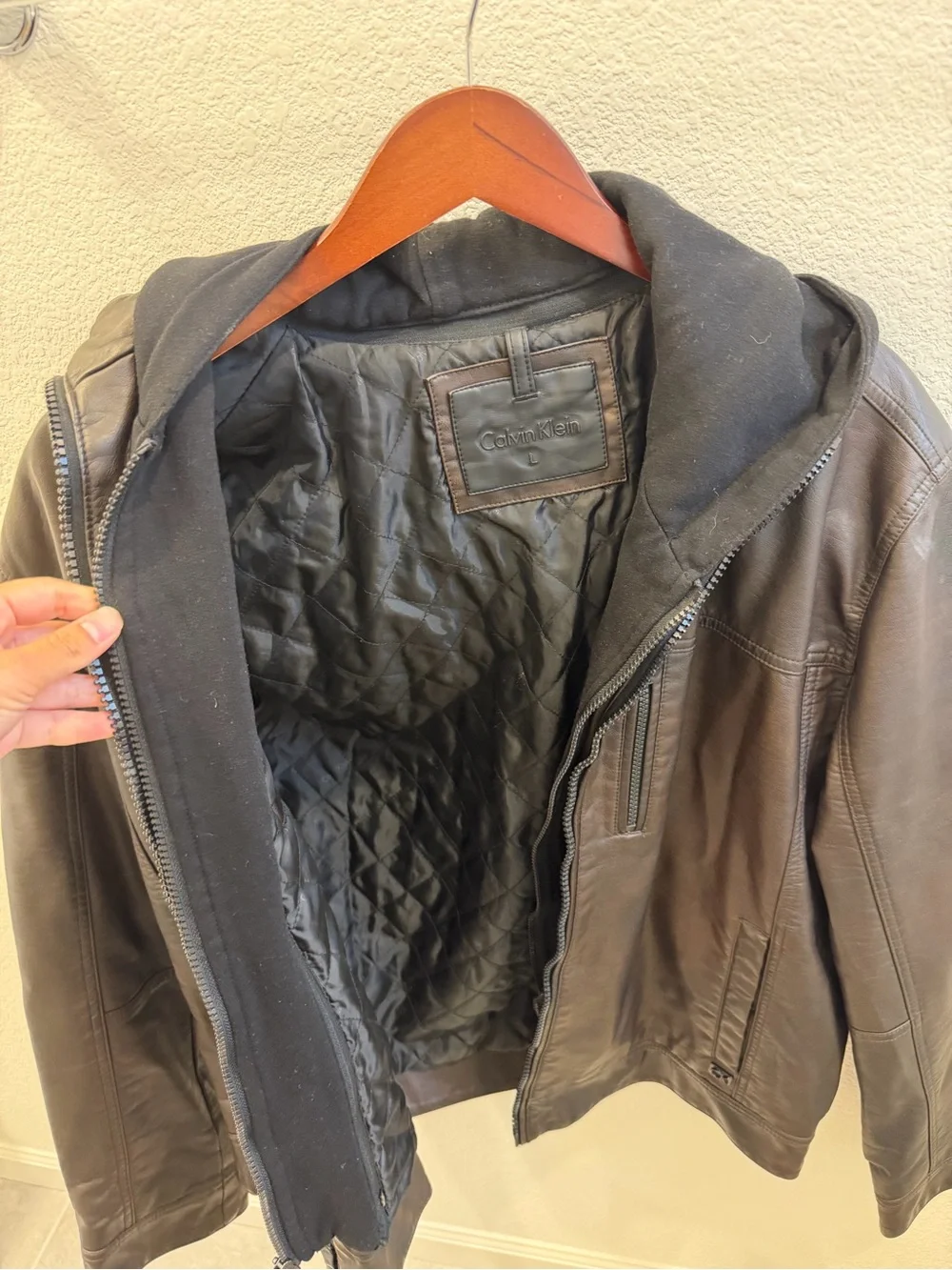 Calvin Klein Brown Leather Bomber Jacket with Black Quilted Hooded Liner